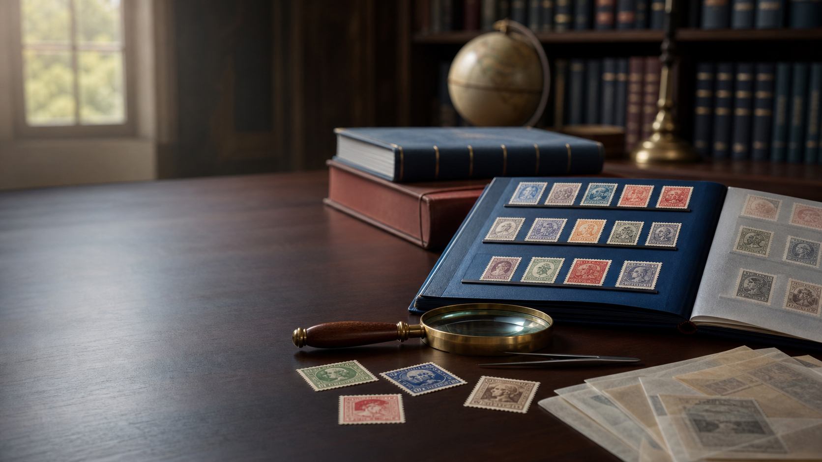 Stamp albums, vintage stamps, glassine envelopes and a magnifying glass on a library table
